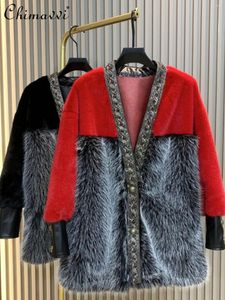 Vêtements d'hiver de fourrure pour femmes Fashion européenne fausse veste intégrée légère luxe lâche rouge chaud toka élégant manteau