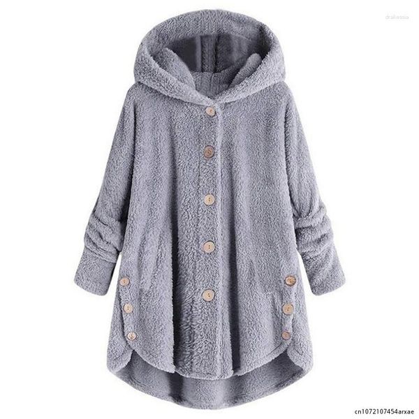 Manteau d'hiver en fourrure pour femmes léopard Faux bouton à capuche à manches longues veste poches femmes manteaux femmes Outwalk tissu chaud