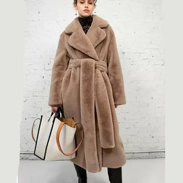Manteau en fourrure mi-long pour femme, col Polo, manches longues, ample, épais, chaud, Imitation vison, tendance, hiver