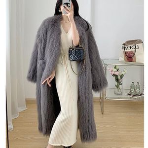 Manteau tissé en fourrure pour femme, mi-long, col en v, manches longues, ample et épais, chaud, Imitation cheveux, tendance, hiver