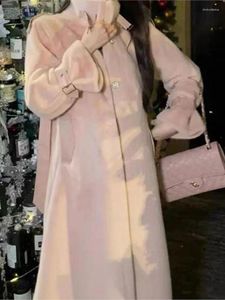 Manteaux en Faux vison rose à simple boutonnage pour femme, col montant, ceinture ample, vestes chaudes et longues, vêtements d'extérieur, mode hiver
