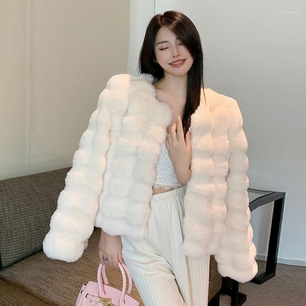 Manteau d'hiver en fausse fourrure pour femme, épais, chaud et doux, veste en vison artificiel, blanc, élégant, extravagant, vêtements d'extérieur