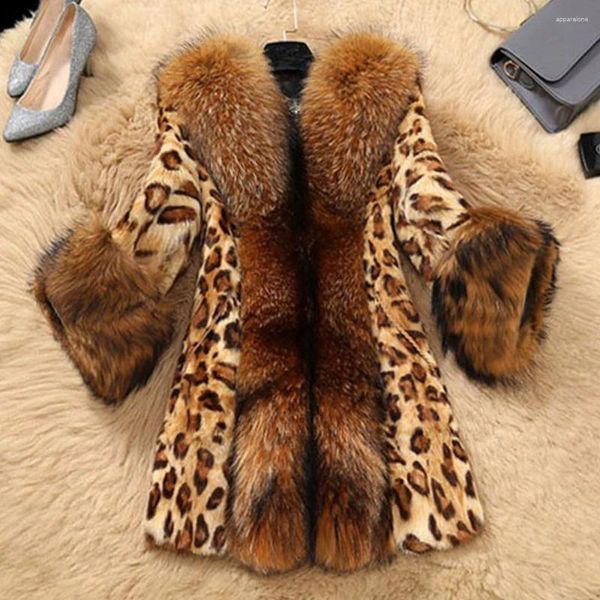 Abrigo de piel de invierno con estampado de leopardo de imitación para mujer, abrigo cálido de perro mapache a la moda, abrigos de lujo holgados de manga larga elegantes