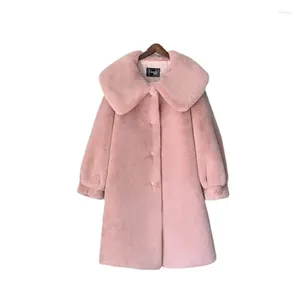 Manteau d'hiver en fausse fourrure pour femme, veste longue en peluche, vêtements d'extérieur pour dames, revers moelleux rose, 2024