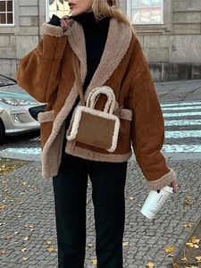 Chaqueta de vellón de invierno de piel para mujeres abrigos de bolsillo coreano damas color sólido vintage vintage todo combate ropa de abrigo