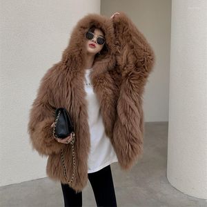 Fourrure femme hiver haute qualité Super moelleux fourrure artificielle pardessus tempérament lâche Imitation raton laveur manteau à capuche femme