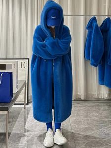 Dames Bont Winter Lang Oversized Warm Dik Blauw Wit Pluizige Imitatiejas Dames Met Kap 2023 Losse Casual Koreaanse Stijl Mode