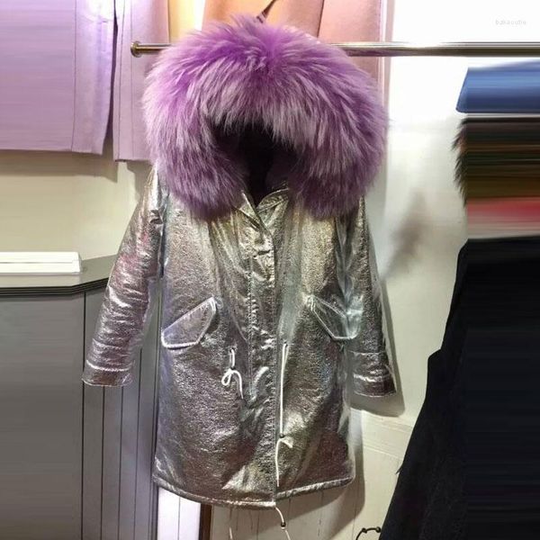 Chaquetas largas de invierno de piel para mujer, chaqueta de cuero interior morada, cuello de mapache, abrigo plateado/dorado, Parka con capucha