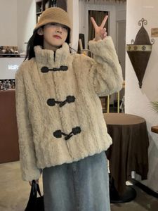 Parka d'hiver en fourrure pour femme, manteau surdimensionné avec boutons en corne blanche, veste à col montant, haut chaud et épais en fausse laine d'agneau B123