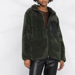Veste d'hiver en fourrure pour femmes, fermeture éclair à revers, fausse laine artificielle verte chaude, veste en laine d'agneau