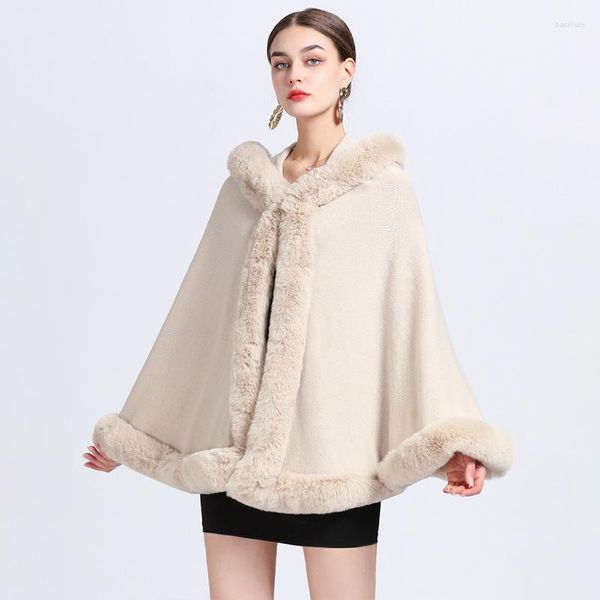 Manteau d'extérieur en fourrure pour femme, Faux col épais, chaud et doux, Poncho Cappa, grand pendule, châle ample avec chapeau, hiver