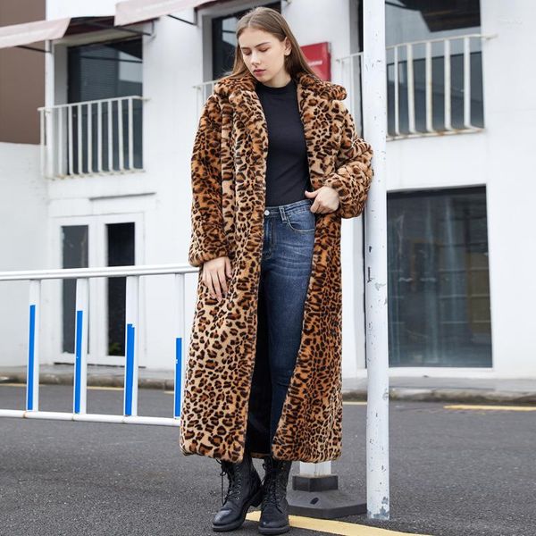 Abrigos de imitación gruesos de invierno de piel para mujer, abrigo con cuello de traje súper largo con patrón de leopardo, chaqueta para mujer