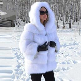 Femmes fourrure hiver chaud Faux pardessus femmes luxe Long manteau avec capuche élégant haute qualité épaissir moelleux veste