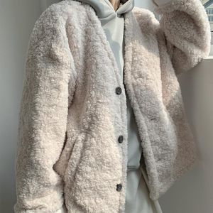 Manteau en laine d'agneau lâche à manches longues et à col en V pour femmes