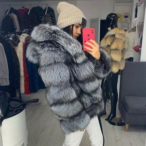 Manteau en fourrure femme argent naturel avec capuche longueur moyenne peau entière véritable veste femme hiver vêtements d'extérieur de luxe