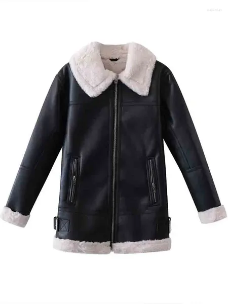 Abrigo de piel para mujer, moda de otoño 2023, cuero negro y pelo blanco, abrigo cálido largo de imitación, manga Retro, Top elegante con cremallera, prendas de vestir exteriores