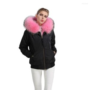 Blouson aviateur noir femme fourrure femme avec doublure Faxu rose hiver dames manteau imperméable col raton laveur coupe