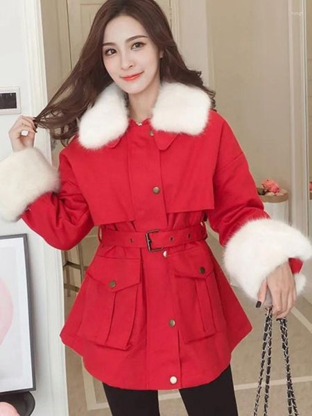 Parkas elegantes y cálidas de piel para mujer, abrigos acolchados de un solo pecho con bolsillos y cuello de imitación, abrigos con cinturón para invierno 2023