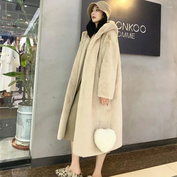 Abrigos largos de imitación de piel para mujer Otoño Invierno chaqueta suave y cálida de imitación de visón abrigo con capucha de un solo pecho para mujer