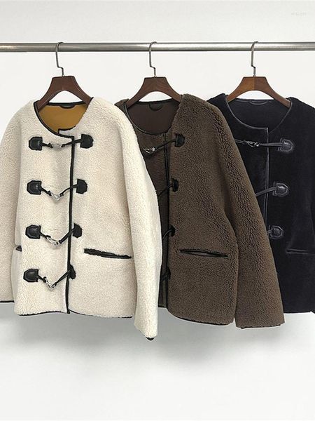 Femmes fourrure femmes Faux Vintage col rond veste femme à manches longues métal bouton court Type manteau Cardigans haut 2023 hiver