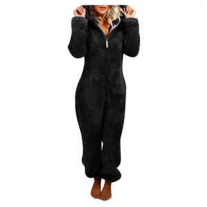 Damesbont Dames Jumpsuit met capuchon Pyjama Lange mouw Nachtkleding Casual winterjas Warme effen kleur Rits Schapenvacht Dames