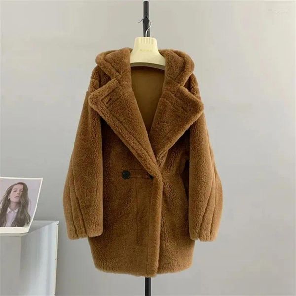 Veste de fourrure de fourrure pour femmes Hiver Fashion Hooded Mid-Longle Sheep Fleece Coat Double-Breasted Outwear Femme Lamb Woard Wocoat W172