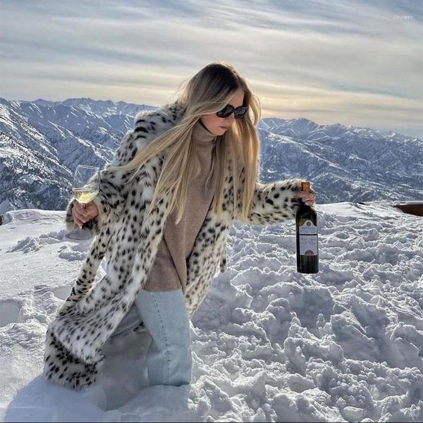 Abrigo de piel sintética de leopardo para mujer, abrigos largos con cinturón, chaqueta esponjosa de moda urbana elegante, exclusiva para invierno 2023