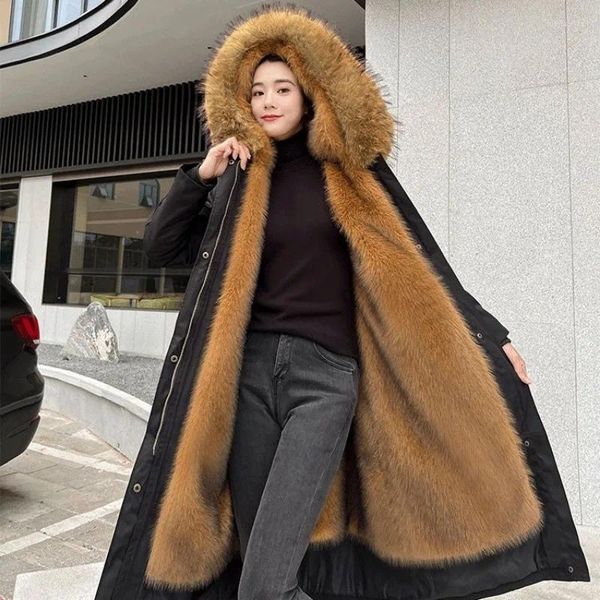 Fourrure femme longue Parkas doublé Faux manteau veste chaude à capuche épaisse grande taille doublure vêtements rouge noir