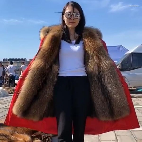 Parka en fourrure de rat musqué pour femme, veste d'hiver longue et chaude, manteau détachable, à la mode, grand col de raton laveur, 2023