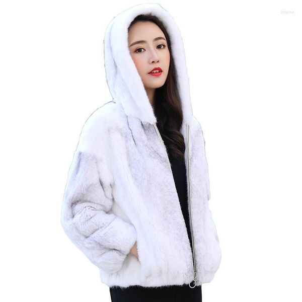 Chaqueta de visón de piel auténtica de imitación para mujer con capucha, abrigos de invierno para mujer, prendas de vestir exteriores de talla grande LF2221