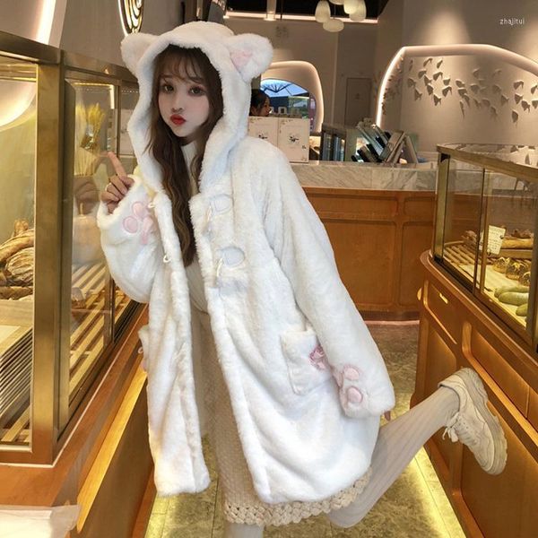 Femmes Fourrure Femmes Faux Japonais Kawaii Lolita Teddy Oreilles À Capuche Doux Fille Veste Artificielle Chaud Automne Hiver Filles Manteaux De Laine