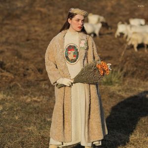 Manteau Long en fausse fourrure pour femme, Design Original, pour femme de bureau, broderie faite à la main, épais et chaud, en vraie laine, décontracté, hiver
