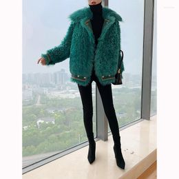 Dames bont dames faux winter losse groene alles-in-één locomotieve gegranuleerde schapen scheerring lamslam wollen jas vrouwen mode streetwear