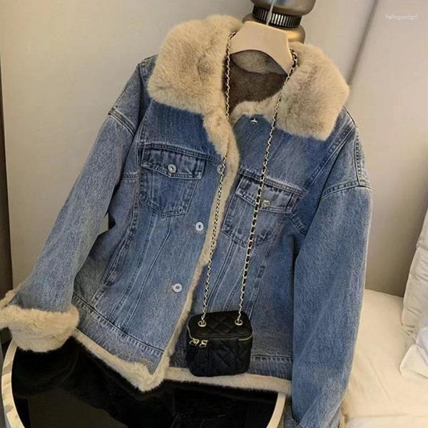 Femmes Fourrure Femmes Denim Veste Laine Doublure Col Hiver Vintage Coton Manteau Épais Chaud Surdimensionné Lâche Velours Jean Parka Survêtement