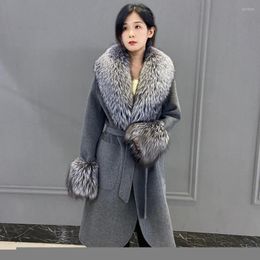 Manteau en laine et fourrure mélangée pour femme, veste avec col et poignets naturels, Cardigan chaud à la mode, longueur aux genoux, nouvelle collection hiver 2022