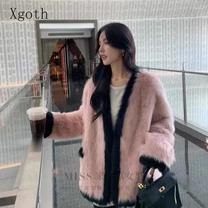 Xgoth Ins manteaux de fourrure pour femmes, col en v, Patchwork, mode coréenne, manteau d'hiver épais, doux, ample, Cardigans décontractés, vêtements tendance pour femmes
