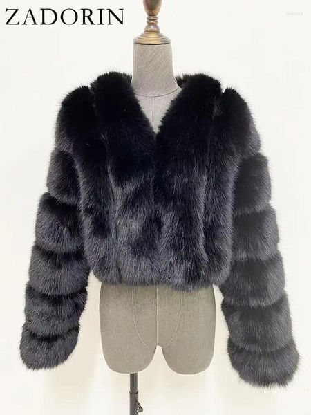 ZADORIN-Chaqueta cálida y esponjosa de manga larga para mujer abrigo de piel sintética blanco recortado de lujo invierno 2023