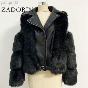 Dames bont zadorin top mode luxe jas motorfiets pu leer afslag kraag warme faux bont jas dames herfst winter nieuwe l220829