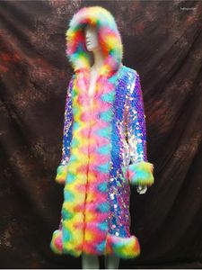 Fourrure femme ZADORIN x-long brillant paillettes fausse veste femmes coloré à capuche paillettes Long manteau scène fête Costume Y2K