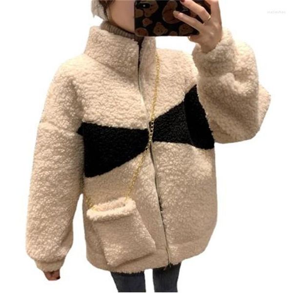 Femmes fourrure ZXRYXGS couleur blocage épissage Imitation laine d'agneau manteau 2023 automne hiver vêtements taille S-5XL