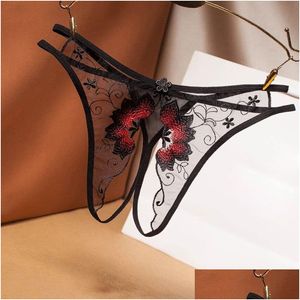 Women'S Strings Borduren Open Kruis G String Slipje Gaas Transparante Lingerie Panty Strings T Terug Knickers Slips Vrouwen Onder Dhfal