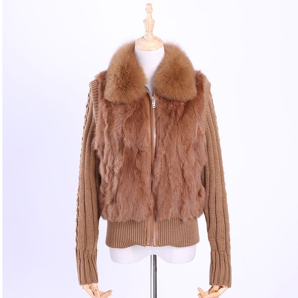 Abrigo de invierno para mujer Chaqueta de piel Cálido Piel de conejo Visón Piel larga Ropa de mujer Cuello Tejido Manga corta Casual Outwear Slim 201209