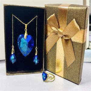 Cadeau femme mariage demoiselle d'honneur accessoires collier boucles d'oreilles ensemble soirée dîner robe bleu océan coeur cristal valentine'2448