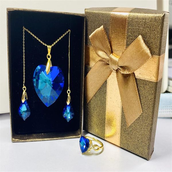 Regalo de mujer boda dama de honor accesorios collar pendientes conjunto fiesta cena vestido azul océano corazón cristal san valentín'2448