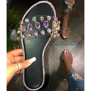 Sandalias con purpurina para mujer, zapatos planos con joyas elegantes, cuña baja, tobogán, diamantes de imitación arcoíris, chanclas, pantuflas