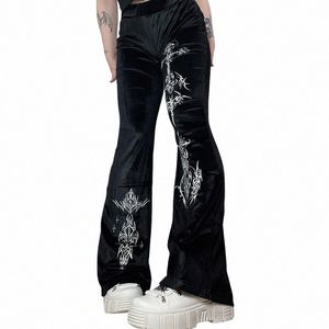 Gothic-stijl Veet-bedrukte flare-broek voor dames Dark God Element-broek met hoge taille CF23652SK s9Jn #