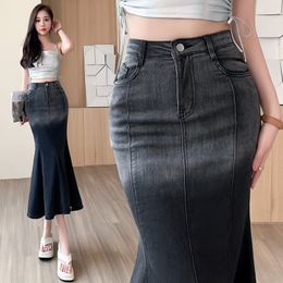 Vrouwen gradiënt kleur jeans rokken hoge taille bodycon tuniek denim stof zeemeermin midi lange rok SMLXL