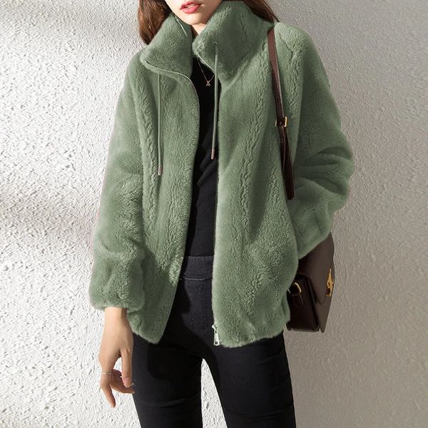 Femmes vert polaire chaud col montant à manches longues veste automne mode coréenne marron grande taille fermeture éclair Harajuku bureau dame manteau 240105