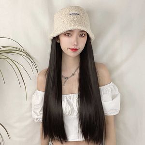 Perruques de cheveux pour femmes dentelle synthétique femme Filament perruque couvre-chef Net rouge Version coréenne chapeau de pêcheur cheveux longs et raides