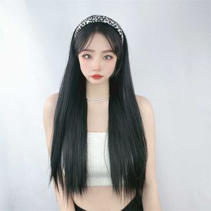 Perruques de cheveux pour femmes dentelle bande de manille synthétique couverture de perruque pour femmes mode coréenne noir cheveux longs raides
